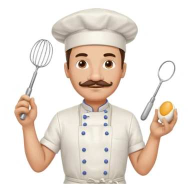 Middle aged male pastry chef - with a mustache, apron, white hat, and holding an egg beater in one hand sticker