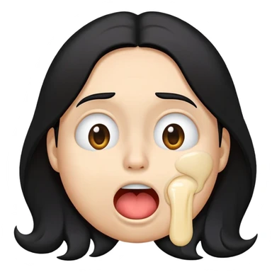 simple emoji, surprised disgusted face, classic, circular, genderless, emoji, 😮, long black hair, goopy white liquid on cheeks, goopy white cream on lips, goopy white cream on tongue, tongue out, eyes shut, >_< face, 😝, 😫 sticker
