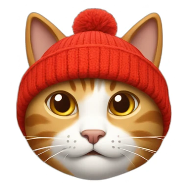 The cat in the beanie hat is red, the hat is on one side of the cat's head, the second ear is open and it is light brown, and the cat itself is white sticker