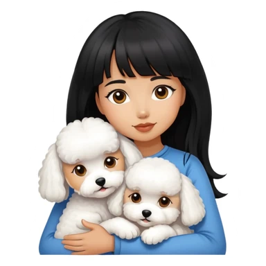 A beautiful girl with long black hair and bangs hugs a little Bichon Frise sticker