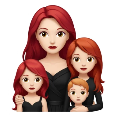 White woman in black dress with long red hair and makeup with two kids in beige  sticker
