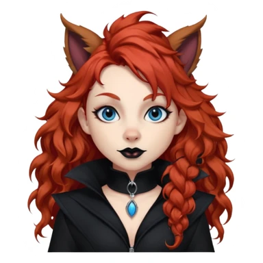  long curly red hair (darker), red pointed ears with black trim, black goth outfits, body and face human, blue eyes, more pointy chin, black lipstick, one big fluffy red squirrel tail with black tips, like the attached photo with more outfits and poses,  sticker