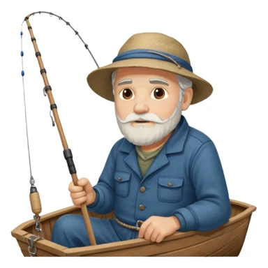 an old white haired, bearded man in fisherman attire, sat in a big boat on a calm sea, holding one fishing rod in one hand, with the end of the fishing line touching the water sticker