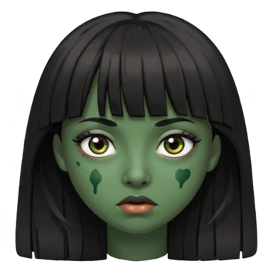 Mulher de franja cabelo preto pele verde bem escuro com a cara machucada com os olhos regalado fundo escuro cabelo longoo sticker