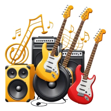 Icon for R&B Music Listening: large concert speakers and headphones with waves of musical notes coming out, along with an electric guitar, bass guitar, drum kit, and synthesizer, saxophone. The icon should convey the energetic and rhythmic vibe of R&B music. Transparent background. sticker