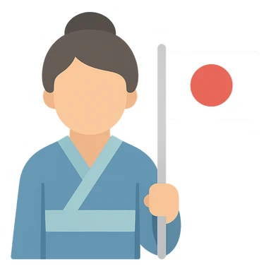 person in a traditional Japanese kimono holding the flag of Japan, color icon sticker