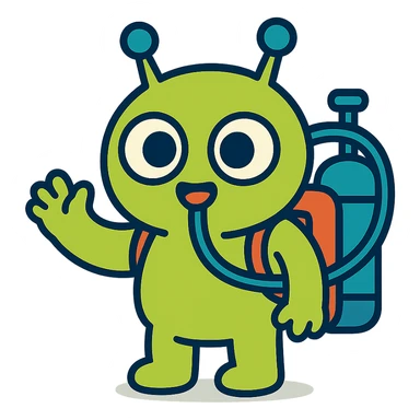 adorable alien with an oxygen tank, cartoon style, round shapes, playful look sticker