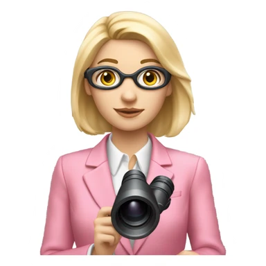 white female employee with pretty face and loose blonde hair wearing intensive color all pink suit looking in binoculars. Upper-body only. Looking straight in front of camara sticker