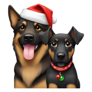 Light brown dog in Santa hat sitting next to a black German Sheppard that is wearing a Christmas bandana sticker