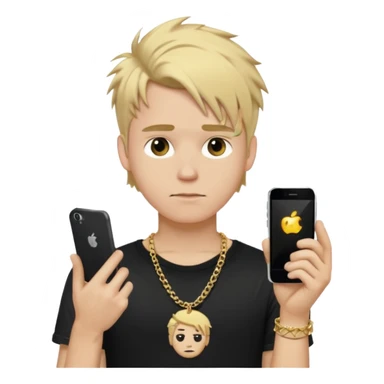 make a iphone emoji who is a white man that looks young with messy blonde medium hair with a black punk shirt and a golden neckless sticker