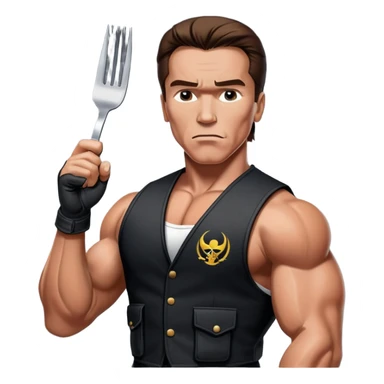 Young Arnold Schwarzenegger wearing a black vest with a fork and knife crossed logo on it from commando poster with war makeup on ready to fight (seen above the chest) sticker