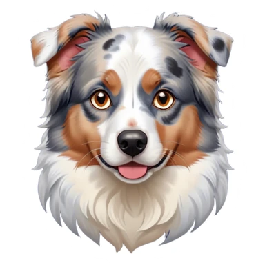 Cinematic Noble Calico Australian Shepherd Portrait Emoji, Poised and regal, with a strong, agile build and a predominantly white coat with calico merle markings of tan, black, and red, piercing blue eyes, Simplified yet sharp and sophisticated features, highly detailed, glowing with a soft, dignified glow, high shine, intelligent and loyal, stylized with an air of elegance, focused and attentive, soft glowing outline, capturing the essence of a watchful and confident herder, so majestic it feels as though it could step out of the screen with effortless authority! sticker