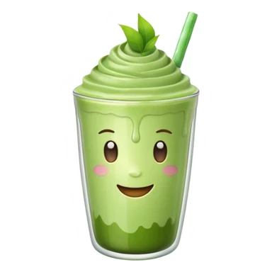 Emoji glossy 3D de un vaso de matcha latte, vaso de vidrio transparente con matcha espumoso verde pastel, capas suaves de leche y matcha, brillo intenso tipo sticker, sombras delicadas, fondo transparente, estilo cute moderno, alta calidad sticker