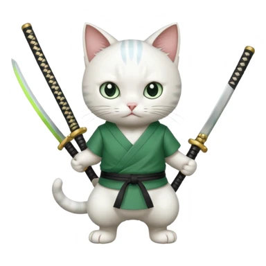 un gato blanco con reeferencia a roroa zoro "una espada en cada mano y una en la boca sticker