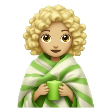 blonde girl with curly hair with a blanket that holds a matcha sticker