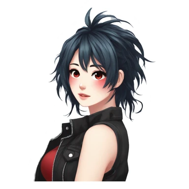 Gorgeous anime style shojo character with blushing face aesthetic and pretty edgy black red punk hair with hair garment trending style sticker