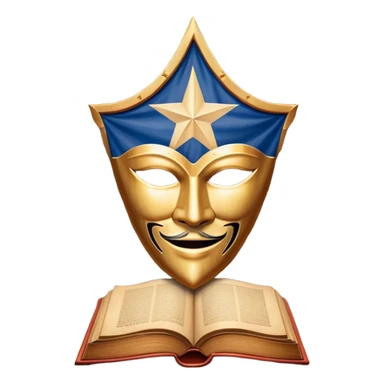 Ancient leatherbound book with prominent Puerto Rican flag star in center of cover, wooden theater masks and curtains framing the edges, warm amber glow emanating from pages, vintage textured parchment sticker