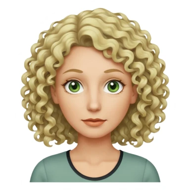 a woman in her late 40s and has greyish greenish eyes and blonde curly hair wearing a grafic top# sticker