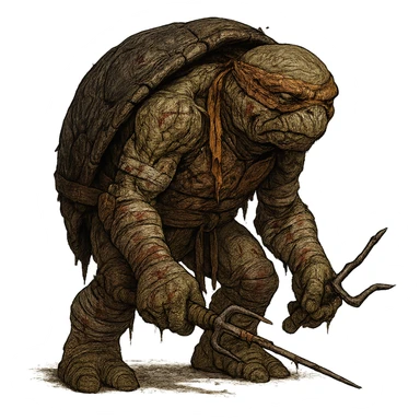 ancient ninja turtle, wrinkled and scarred, bandages, broken weapon, hunched posture, showing signs of a recent brutal battle sticker