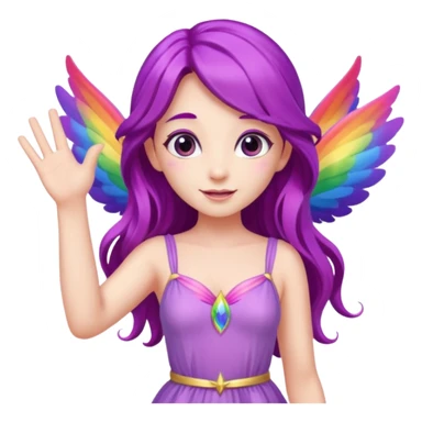 Female fairy
Long purple hair
Pink dress
Rainbow wings
Waving one hand
Saying hello

 sticker