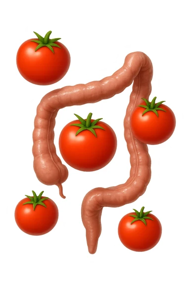 emoji stile iphone di pomodori che fluttuano in aria con colon attorcigliato intorno, iperrealistico 4k, isolato su sfondo bianco sticker