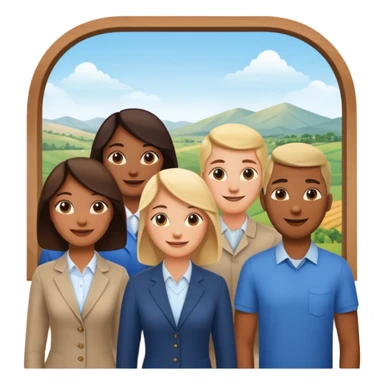 Employees of a startup company with a countryside view outside the window sticker