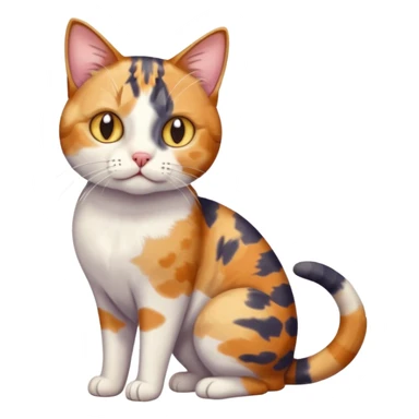 full body anxious looking colourful patchy calico tabby cat with tiny head to large body with fully white front legs sticker