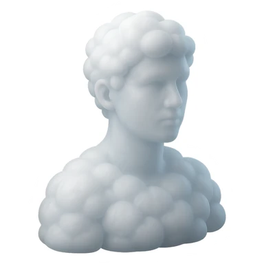 person looking straight, composed entirely of white fluffy convex clouds, shoulder up, matte glass style sticker