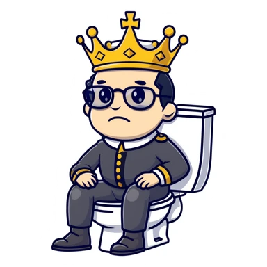 King Charles III with crown sitting on a toilet, wearing round glasses and black hair sticker