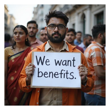 group of indian modern customers holding a board written "We want benefits"with a serious face sticker