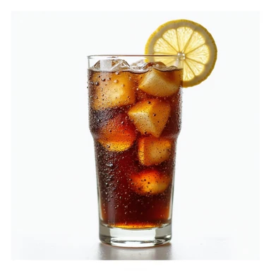 realistic glass of cola with ice, bubbles and lemon wedge, photorealistic style sticker