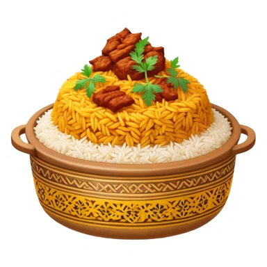 Cinematic Realistic Biryani Dish Emoji, depicted as aromatic basmati rice layered with spiced meat and herbs rendered with vibrant textures and warm, inviting lighting. sticker
