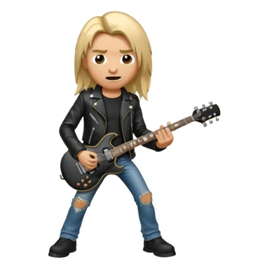 3D Apple-style emoji of a metal musician. Long hair, black leather jacket, ripped jeans, holding an electric guitar. Intense expression, glossy, rounded, smooth, soft shadows, white background.










 sticker