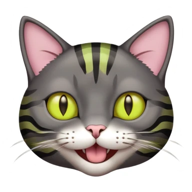Head of a dark gray-brown striped cat with yellow-green intelligent eyes, eyes outlined in black, nose light pink, cat laughing  sticker