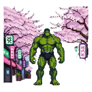 the Hulk standing in a Japanese city with cherry blossoms and neon signs sticker