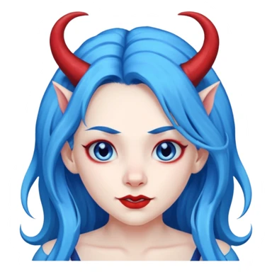 Female devil with long blue hair and horns,  cute face, half body sticker