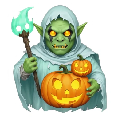 male orc warrior ghost emoji, green skin, tusks, wearing torn white ghost sheet costume, holding glowing jack-o'-lantern, faint blue aura, friendly but spooky expression, Halloween fantasy theme, Apple emoji style, clean white background, square sticker