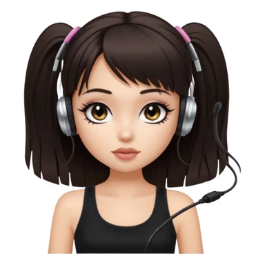 generate a pretty bratz girl in black cami top, dark brown straight long hair with bangs, eyeliner on, listeninh to music sticker