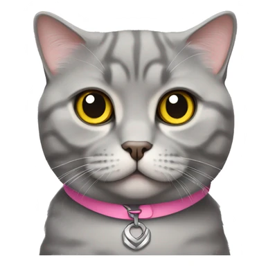 gray scottish fold cat with yellow eyes wearing a pink collar sticker