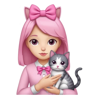 A gurl with pink bow holding a cat sticker