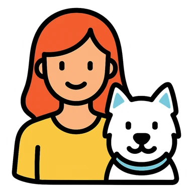red headed woman with a Westie dog, simple icon style, clear features sticker
