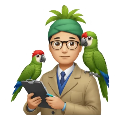 Middle-aged asian male vet – glasses, coat, writing notes on clipboard with parot on head sticker