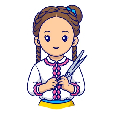 Ukrainian young girl with braided hair wearing a white embroidered traditional shirt (vyshyvanka) holding scissors and colorful craft paper sticker