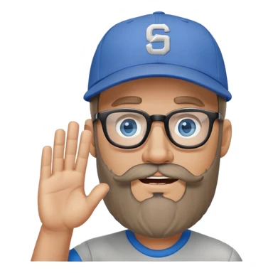 A bold man with a grey baseball cap, blue eyes, big beard and glasses, waving  sticker