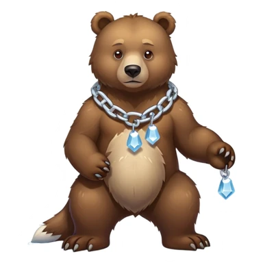 Complete full-length view of serious brown bear standing on four paws, showing entire body from nose to tail, with ice chain around neck sticker