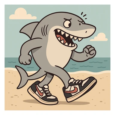 cartoon style shark with Nike sneakers walking on the sand sticker