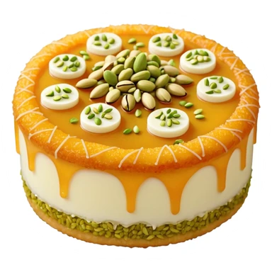 A small round emoji of traditional kanafeh with golden-orange crispy threads, a gooey white cheese center, and a light sprinkle of green pistachios. Warm and delicious-looking. sticker