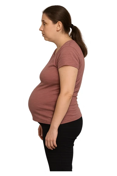 DONNA DI PROFILO CON LA POSTURA SBAGLIATA, LA PANCIA IN FUORI E LE SPALLE CHIUSE sticker