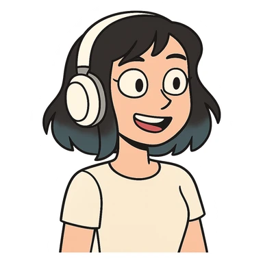 girl with medium black hair with blue tips wearing white headset, colorful cartoon style sticker