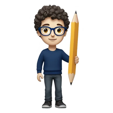 caucasian white boy with dark wavy  hair, blue glasses, and carrying design paper plan because he is an architect carrying a pencil and a set model maquette. wearing a navy blue long sleeve sweater shirt. smart.  sticker